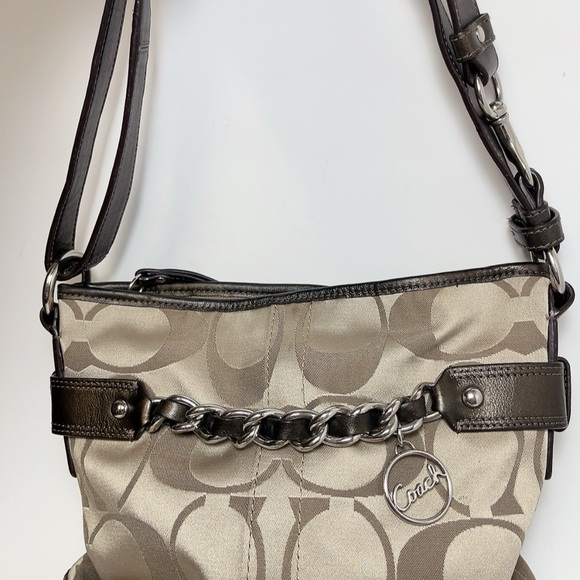 Coach Womens Brown Tan Sateen Signature Chain Duffle Convertible Crossbody Bag - Picture 3 of 15